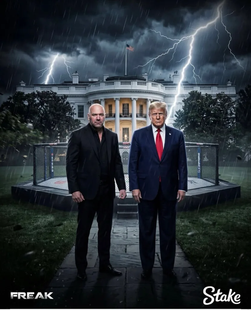 The original AI generated image Trump shared on Trusth Social promoting the UFC's White House event with the Stake logo in the bottom right