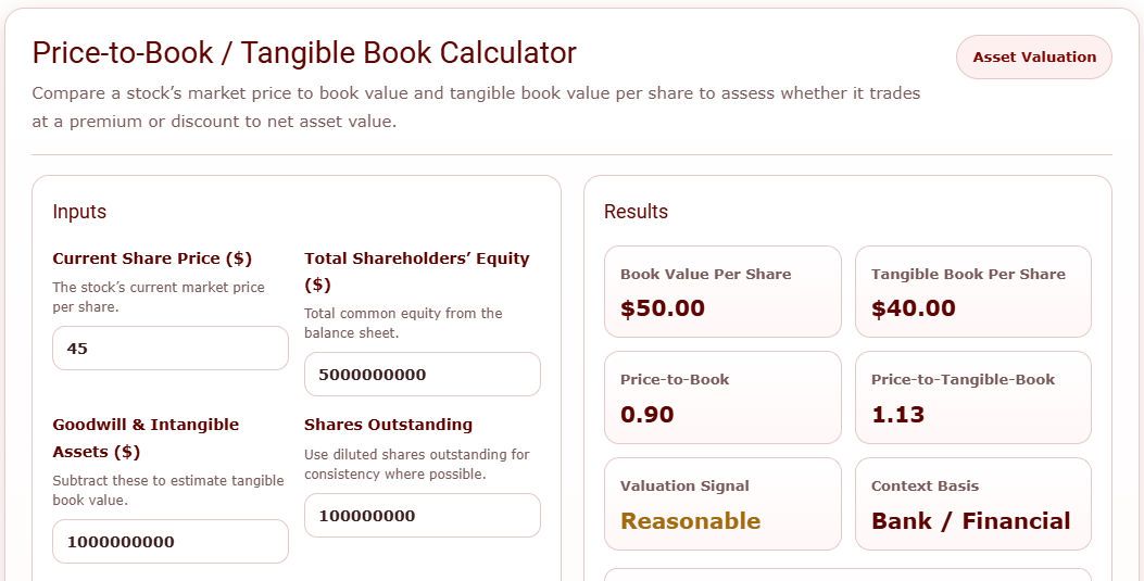 Price-to-Book / Tangible Book Calculator for Stock Valuation