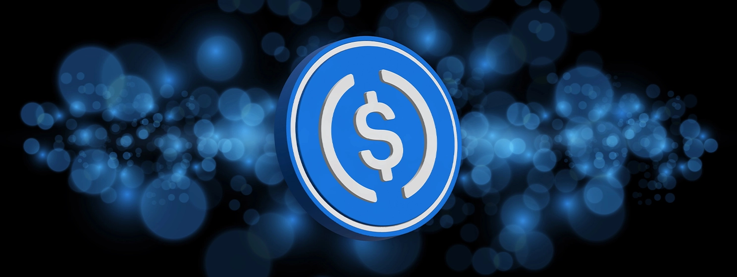 USDC virtual currency images on digital background.