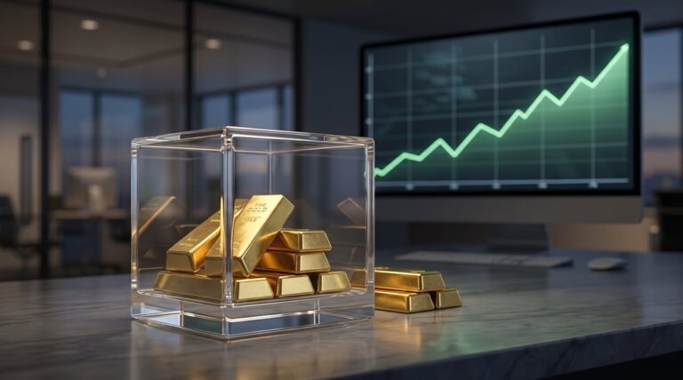Gold bars in a clear display case on a desk, with an ascending green price chart on a monitor behind.
