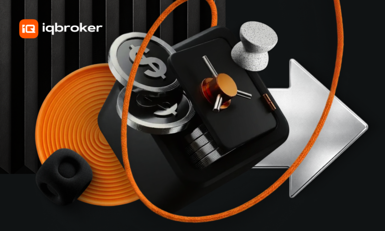 Abstract tech collage with a black gadget, orange cord, metal gears, and the iqbroker logo in a dark setting.