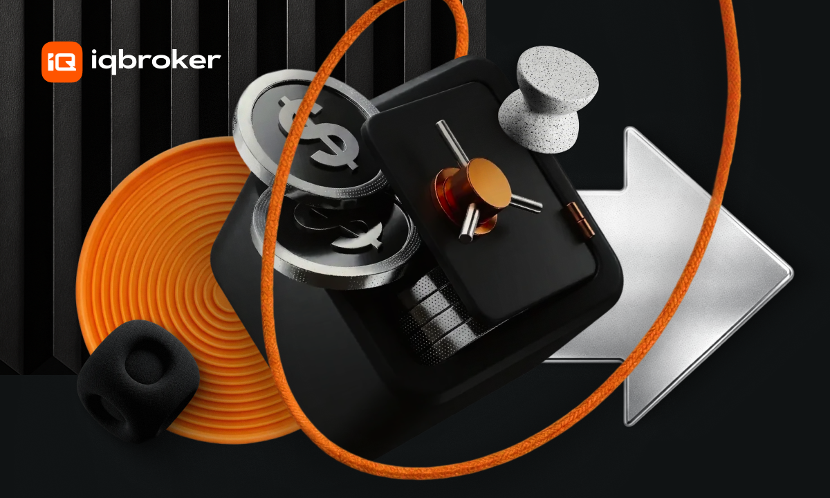 Abstract tech collage with a black gadget, orange cord, metal gears, and the iqbroker logo in a dark setting.