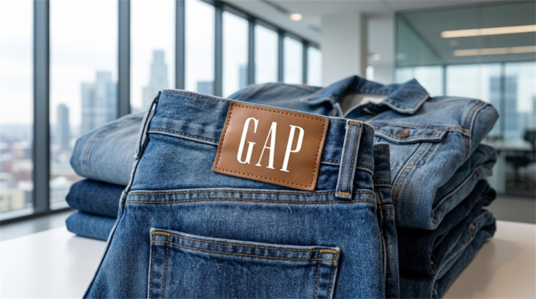 Folded Gap-branded denim jeans and jacket displayed on a table in a modern office setting.