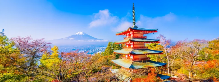 Beautiful landscape of mountain fuji with chureito pagoda around maple leaf tree in autumn season at Yamanashi Japan.