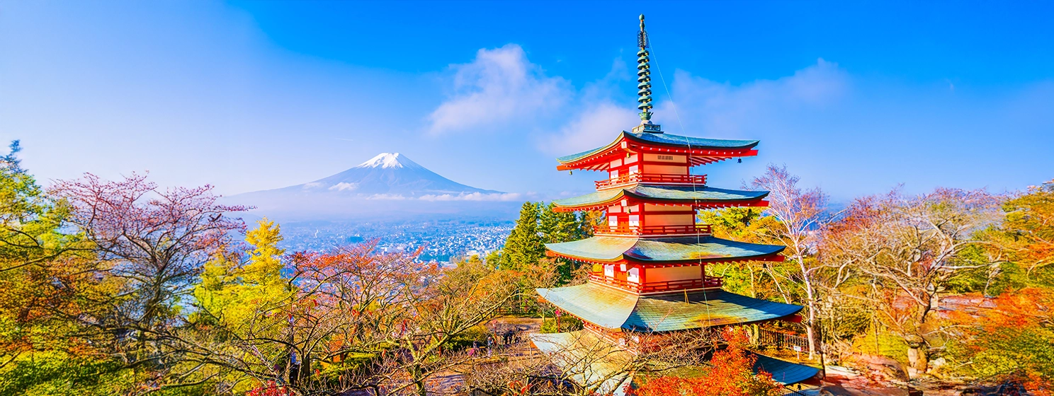 Beautiful landscape of mountain fuji with chureito pagoda around maple leaf tree in autumn season at Yamanashi Japan.