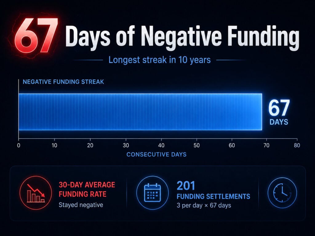 Infographic showing Bitcoin perpetual futures with a 67-day negative funding streak, described as the longest in 10 years, with 201 funding settlements based on three payments per day over 67 days.