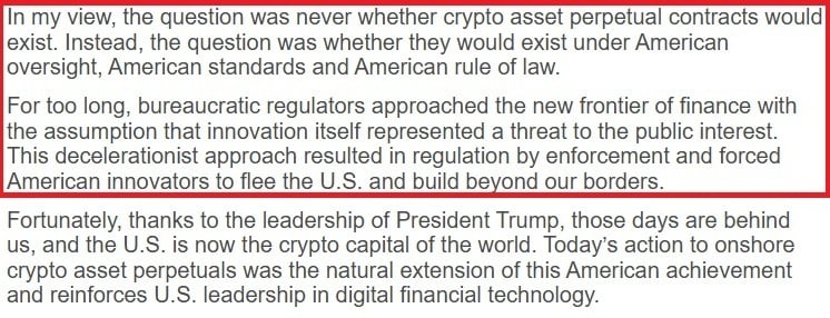 CFTC chairman Mike Selig's comments on crypto's future.