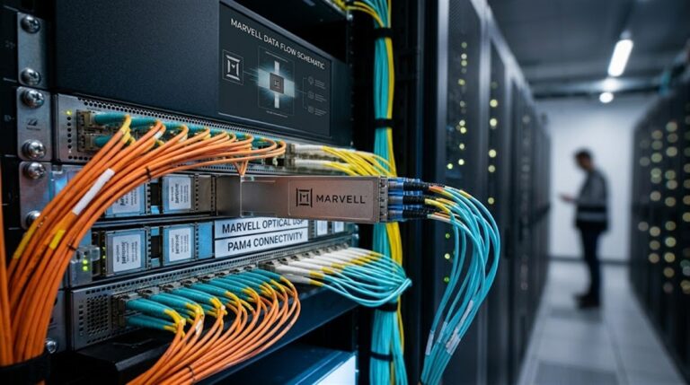 Marvell Technology networking hardware with fiber optic cables installed in a data center rack.