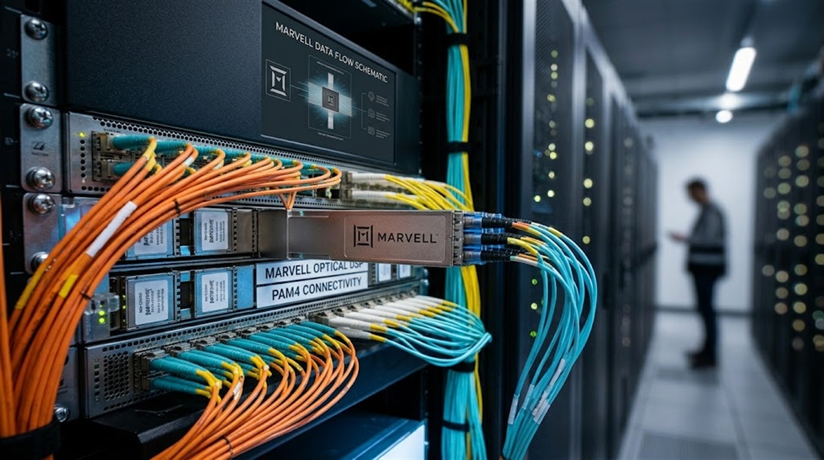 Marvell Technology networking hardware with fiber optic cables installed in a data center rack.